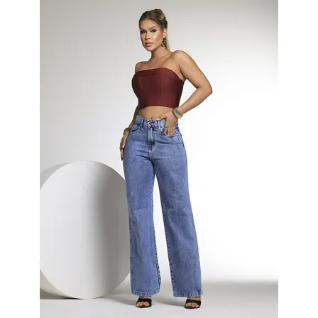 Calca Jeans Feminina Wide Leg Cintura Alta Kw Jeans