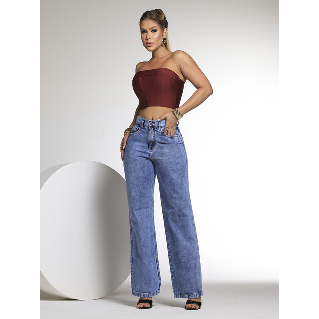 Calca Jeans Feminina Wide Leg Cintura Alta Kw Jeans