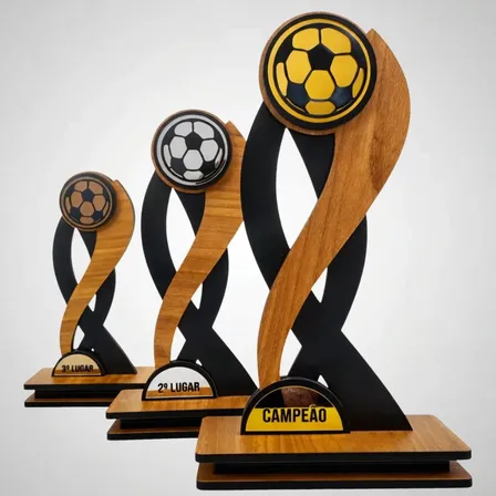 Kit Troféu Futebol Acrílico Mdf Taça Copa Premiação Premium Kit 3 Troféus - Ouro 35cm Prata 30cm Bronze 25cm