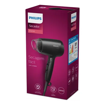 Philips Secador de Cabelo Essential 1200W Compacto com ThermoProtect Secagem prática e suave | Cabo dobrável para viagem | 3 ajustes de secagem | BHC010/81