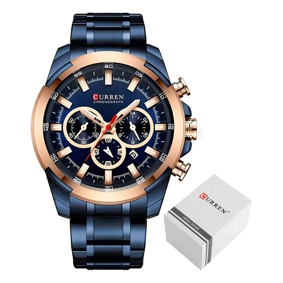 Reloj Curren 8361 de acero inoxidable, casual, de lujo, casual, para hombre, correa original, color azul, bisel, color de fondo azul