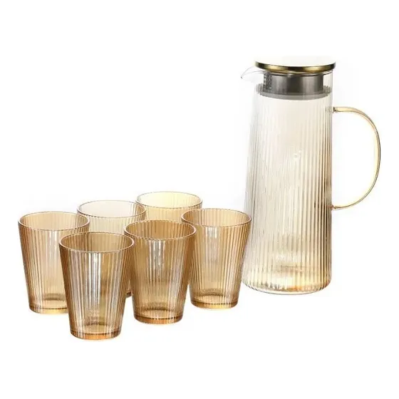 Set De Jarra De Vidrio Moderna Con Tapa De Acero Inoxidable Y 6 Vasos A Juego Diseño Elegante Y Acanalado Ideal Para Agua, Jugos, Cócteles Y Bebidas Frías Color Ámbar Dorado