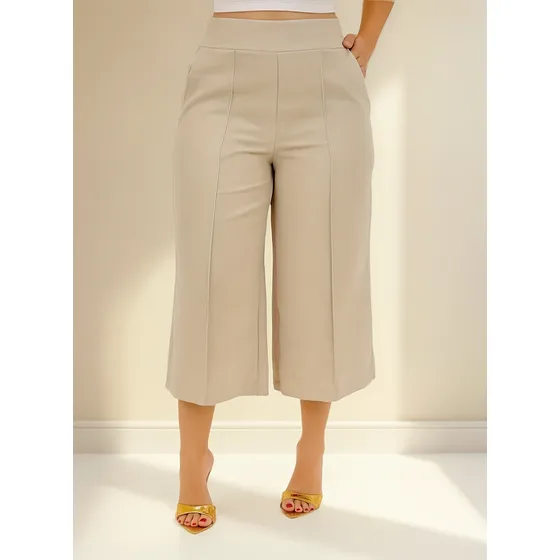 Calça Pantacourt Capri Linho Moda Premium Social Com Bolso