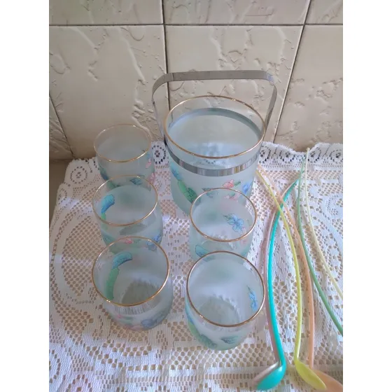 Hielera De Vidrio Con Aza De Metal 6 Vasos Y 6 Removedores 