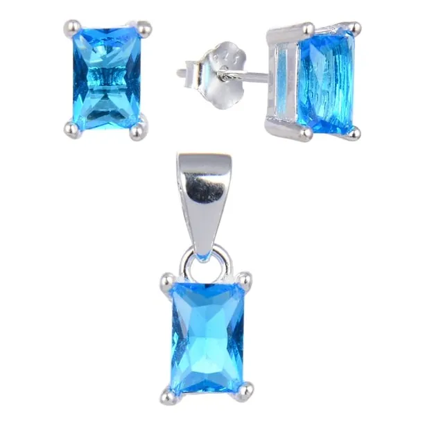 Set Conjunto Zarcillos Y Dije Circon Rectsngular Azul