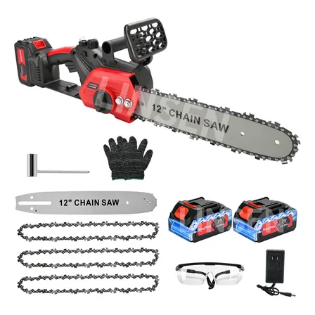 Motosierra Eléctrica Inalámbrica Portátil Moto Sierra 12 Pulgadas/12inch De 1200w, Color Rojo, 2 Baterías Y 3 Cadenas Con Ajuste Automático Por Perilla, Herramienta De Jardinería, Linsen