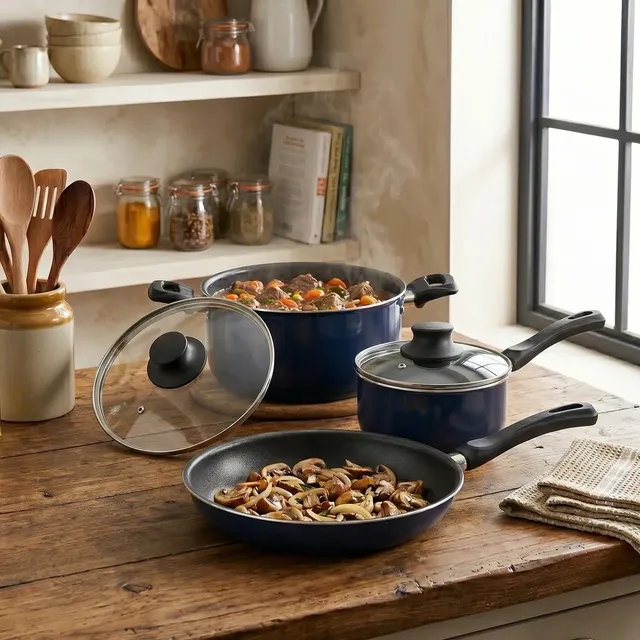 Batería Cocina Antiadherente 5 Piezas Olla Cacerola Sarte Azul Marino