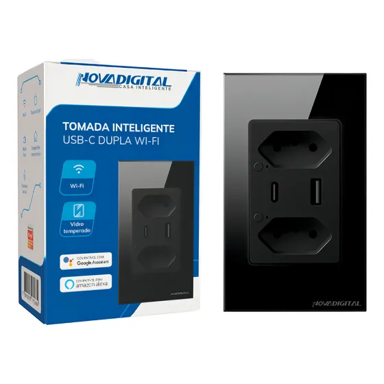 Tomada Inteligente Wifi Novadigital Usb Dupla 10A 3 Pinos Smart Alexa Tuya Smart Life Google 110V 220V Bivolt Preta