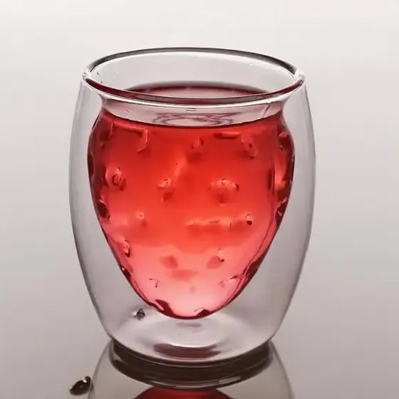 Taza Vidrio Doble Pared Forma Fresa Linda Fruta Fresco