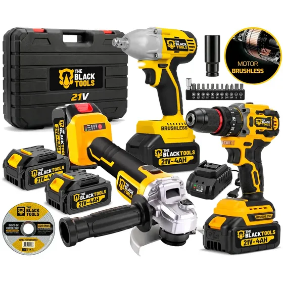Kit Multi Ferramentas A Bateria 3 Em 1 Parafusadeira Esmerilhadeira Chave De Impacto Com Maleta Tbkit04 The Black Tools