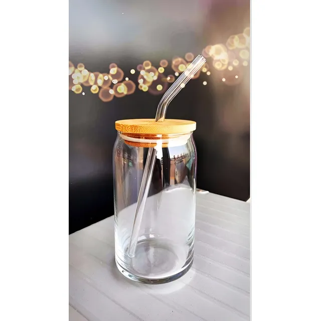 Vaso De Vidrio Con Tapa De Bambú Y Sorbito De Vidrio 380 Ml