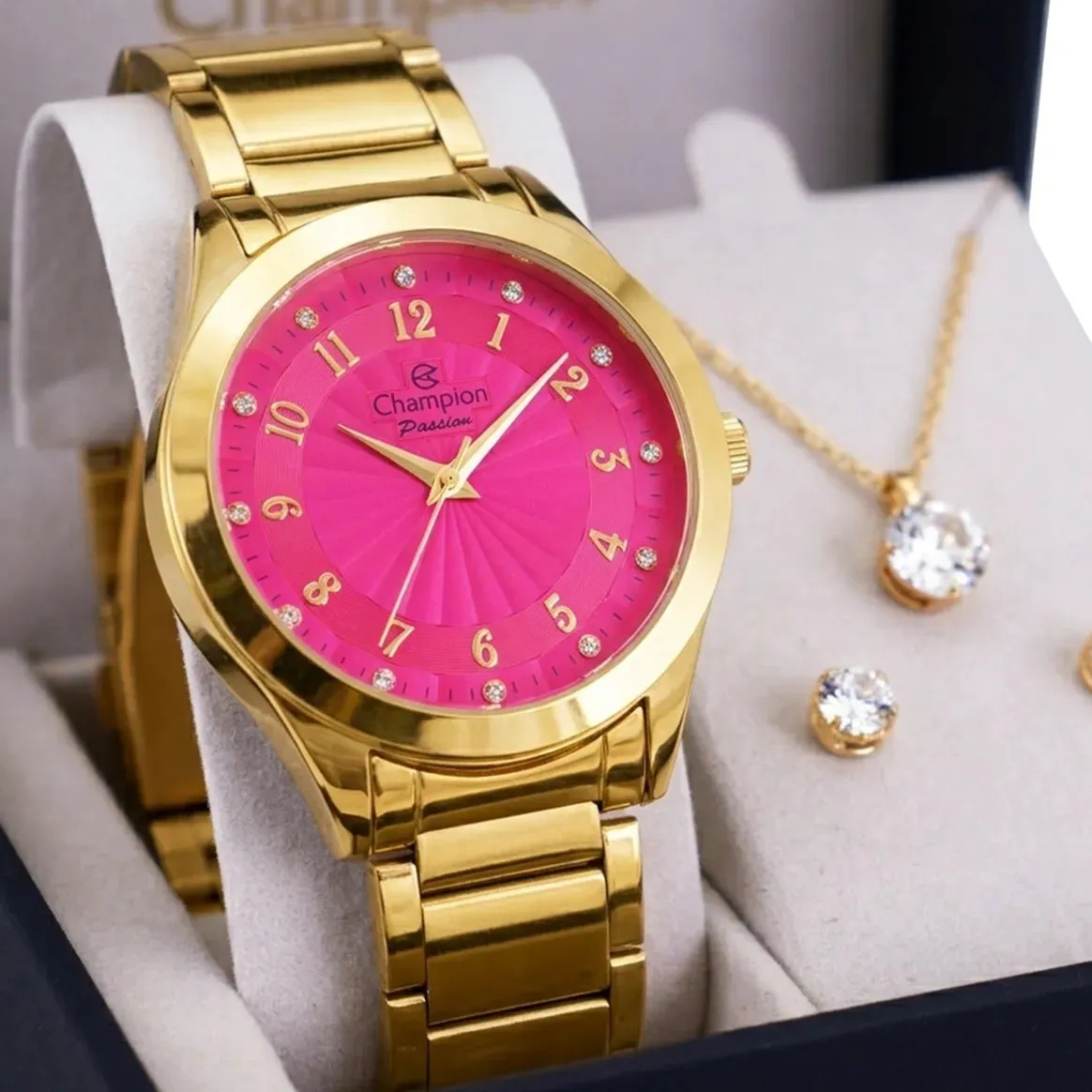 Relógio Feminino Champion CN29409J 38 Milímetros Dourado com Fundo Rosa Pulseira em Aço Inoxidável Prova D´Agua 50m com Kit Colar Brincos