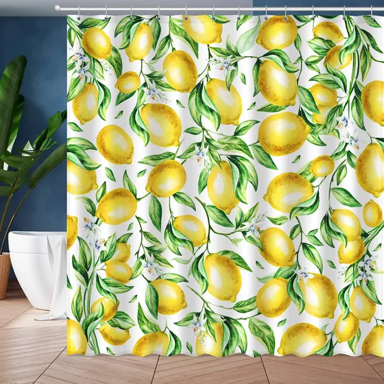 Cortina Ducha Limon Amarillo Bonita Flor Hoja Acuarela Fruta