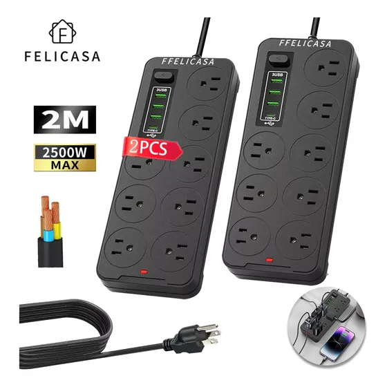 F Felicasa 2 Piezas Multicontactos Usb 2500w Cable De Cobre De 2 Metros Con 8 Salidas+3 Usb+1 Tipo C 10a Cable Para Extensiones Electrica Color Negro