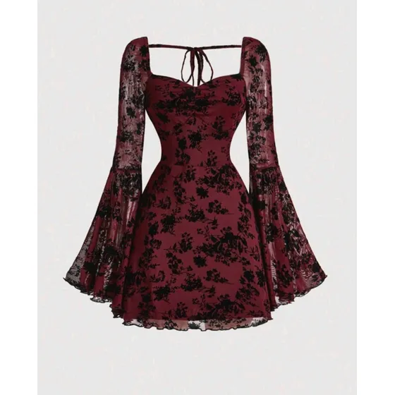 Vestido Elegante  Mangas Acampanadas Y Estampado De Jacquard