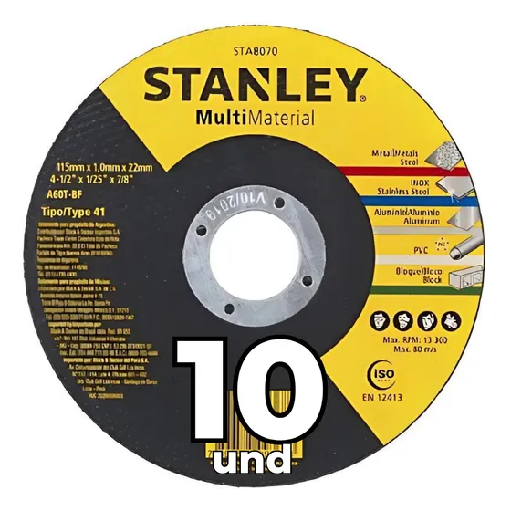 Kit 10 Disco Corte Multimaterial 4 1/2 X 1,0mm X 7/8 Stanley
