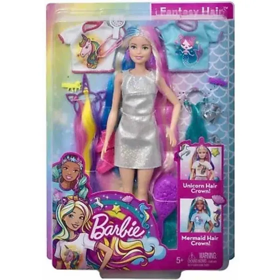 Muñeca Barbie Fantasy Hair Cabello Arcoiris Corona Unicornio