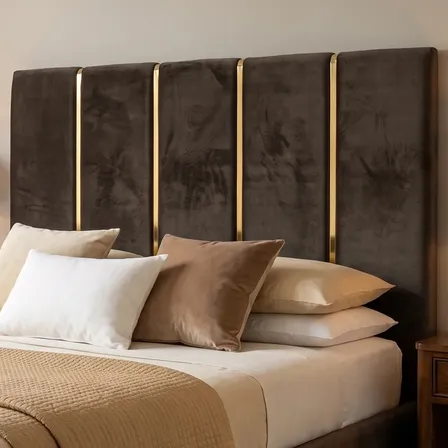 Cabeceira Casal 140cm Veludo Luxo Dourado Cama Box Búzios Marrom