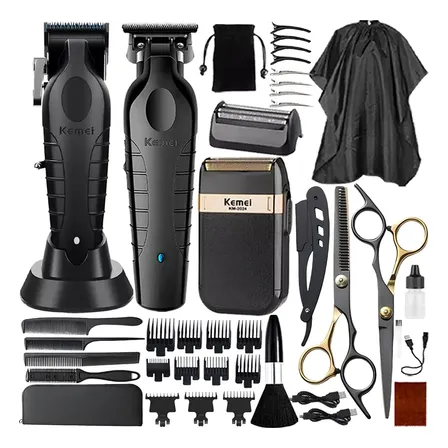 Kemei2296+2299+2024 Kit De Cortadoras De Cabello Profesional Negro