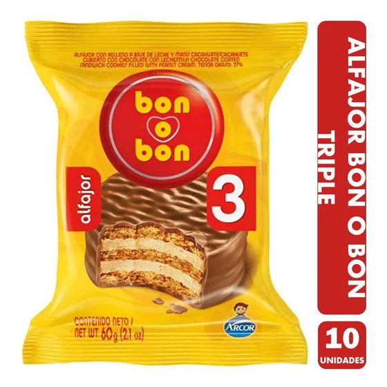 Alfajor Bon O Bon Triple Capa, Sabor Chocolate -pack De 10un