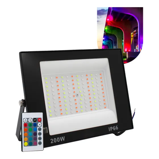 Refletor Led Holofote 200w Rgb Colorido Bivolt com controle carcaça preto 110V/220V
