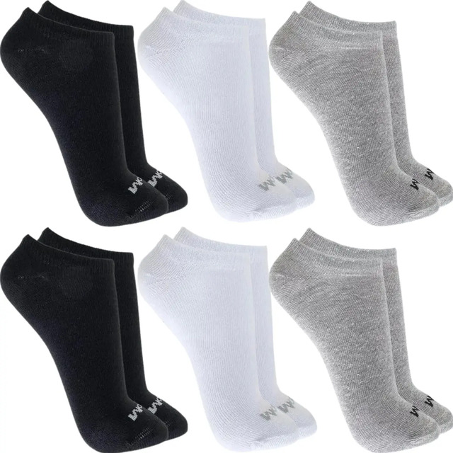 Kit contendo 6 pares de meias soquete Mash em cores preta, branca e cinza, organizadas em duas fileiras