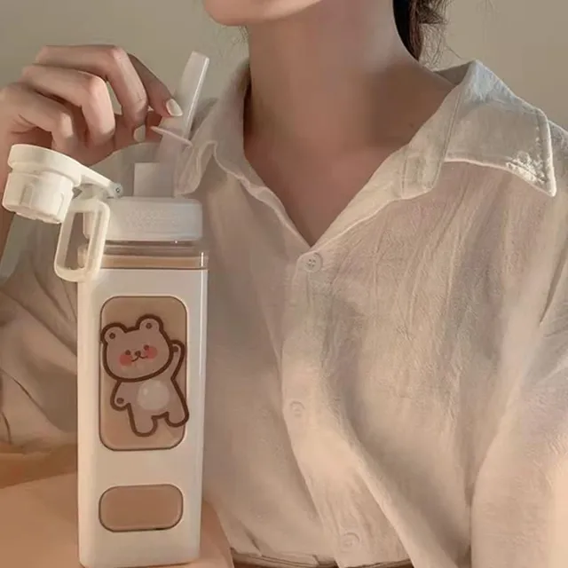 Botella De Agua Kawaii Con Paja Y Pegatina 23.6oz 7yzd3