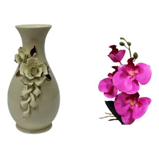 Vaso De Ceramica Off White + Haste Orquidea Artificial Vaso De Ceramica Off White + Haste Orquidea Artificial