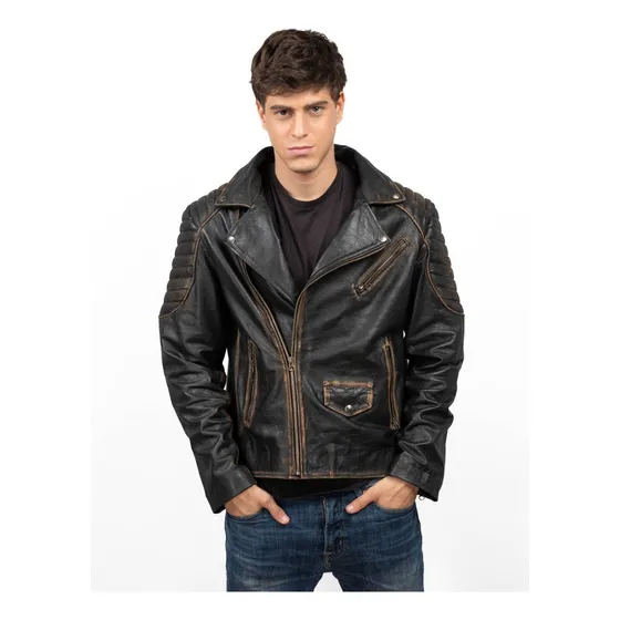 Campera Rockera Gastada De Cuero Vacuno Hombre Moderna Rg