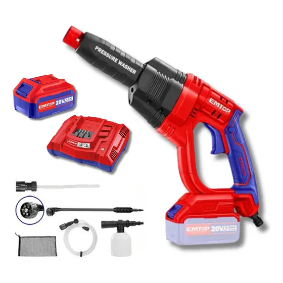 Hidrolavadora Inalambrica + Bateria 4ah Y Cargador Emtop Color Rojo