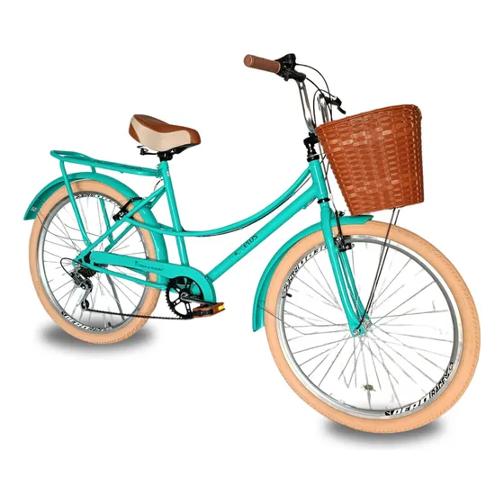 Bicicleta Aro 26 Retrô Antiga Pneu Bege Marcha 7 Velocidades Cor Verde-claro Tamanho Do Quadro 15