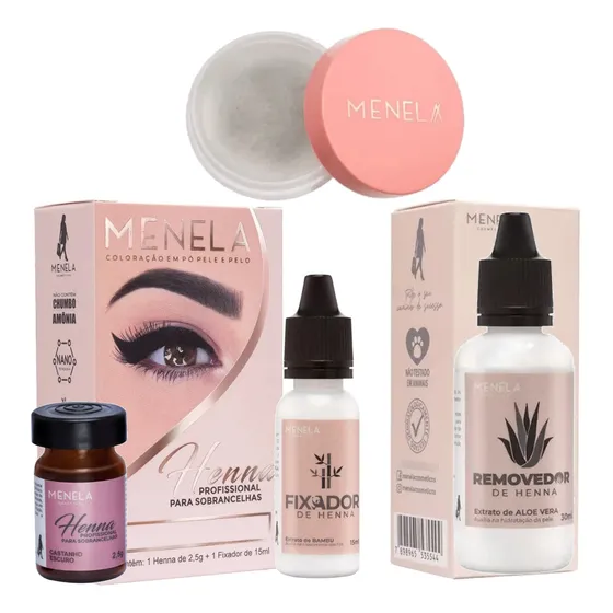 Kit Sobrancelha Henna Menela + Removedor + Cera Fixadora Gel Cor Castanho Claro