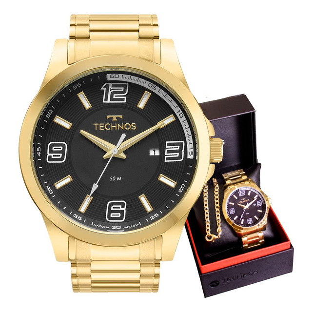 Relógio Technos Masculino Dourado Preto Com Calendário Relógio Technos Masculino Dourado Preto Com Calendário