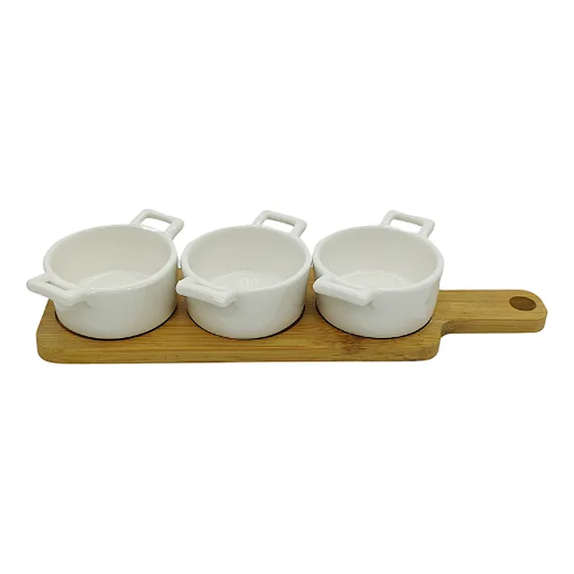 Set Copetinero 3 Moldes Dips Cerámica Con Tabla Simil Bambú