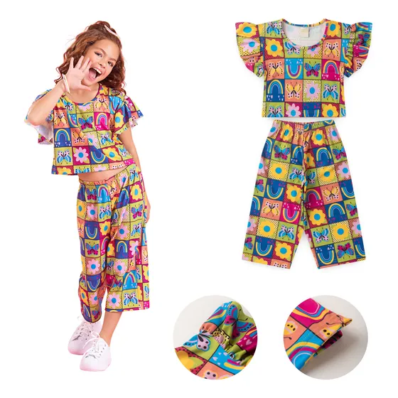 Conjunto Verão Menina Verde Blusa E Calça Pantacourt Jardim