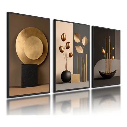 Kit 3 Quadros Decorativos Abstratos Dourado Moderno Preto