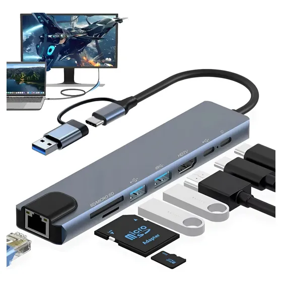 Tipo C Hub 8 En 1 Adaptador Usb C A Hdmi 4k, 2*usb 3.0, Usb 2.0, Lector Tarjeta Sd/tf, 5gbps Usb C Datos Puerto, 100w Pd Carga, Para Macbook,iPad,iPhone Y Más Dispositivos Tipo C