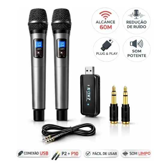 Microfone Sem Fio Profissional Duplo Para Karaokê e Eventos, Com Receptor USB