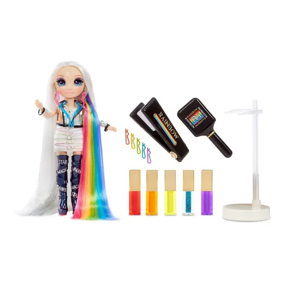 Muñeca Rainbow High Hair Studio - Amaya Raine - Set 5-en-1 para Crear Peinados Únicos. Cabello Platino con Arcoíris y Detalles Plateados. Incluye Atuendo Glamoroso, Aretes de Estrellas y Botas