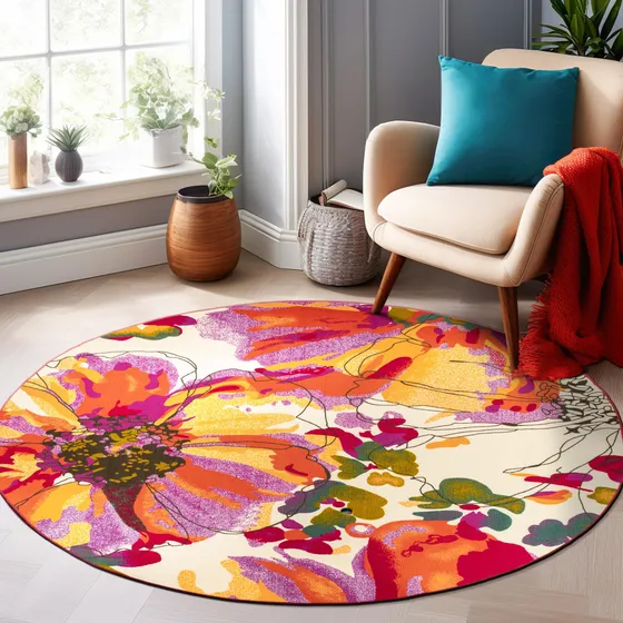 Alfombra Redonda Antideslizante Multicolor 2.44 M Flores