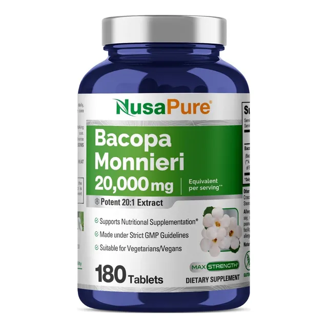 Bacopa Monnieri 20000 Mg Nusapure 180 Tabletas Sin Sabor