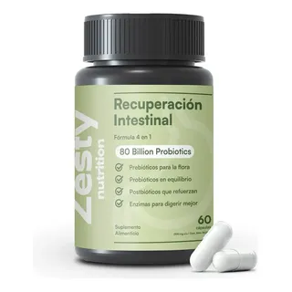 Zesty Nutrition Recuperación Intestinal  4 En 1 Con Prebióticos, Probióticos, Postbióticos Y Enzimas Para Hinchazón, Digestión Lenta Y Microbiota Sin Sabor