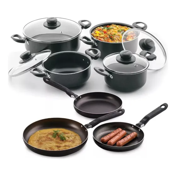 Batería  Ollas Universal 8 Piezas Tapa Vidrio Mas 3 Sartenes