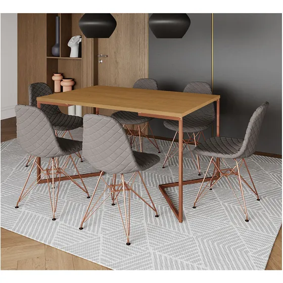 Mesa Jantar Canela Base V Cobre Com 6 Cadeiras Base Cobre