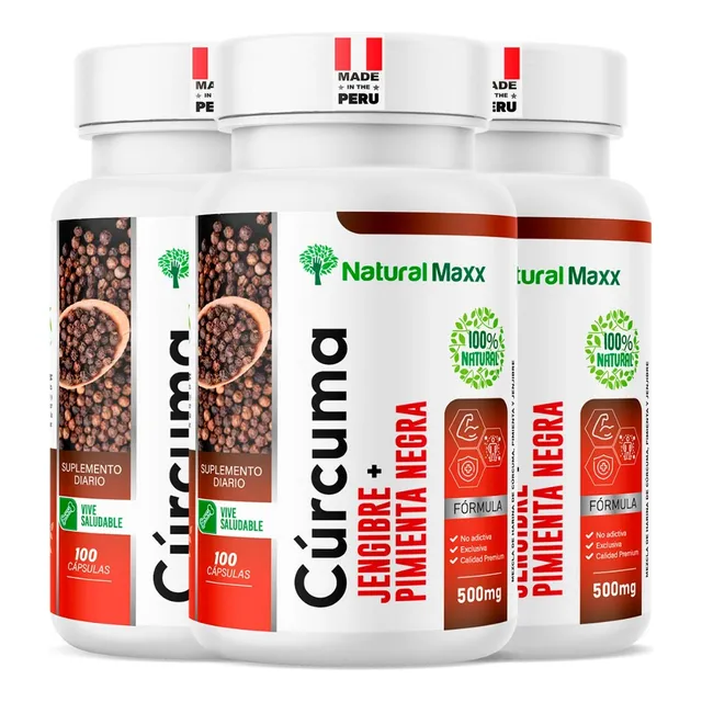 Pack 3 Cúrcuma Con Jenjibre Y Pimienta Negra. 100 Capsulas