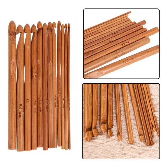 Set 12 Agujas Tejido Crochet De Madera Bambu De 3.0 Al 10.0