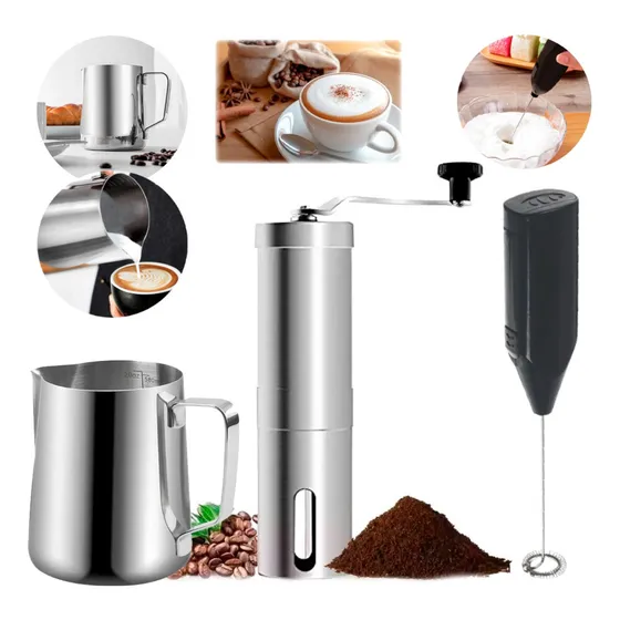 Moledor Manual Granos Café + Jarra Acero 550ml + Espumador Color Plateado