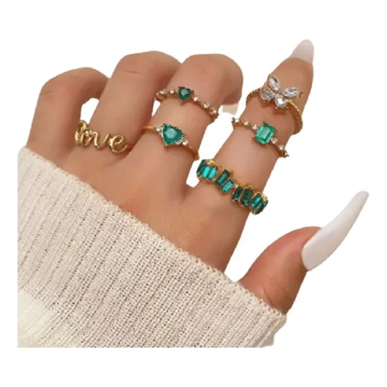 Set De Anillos De Mujer Dorado Love Piedra Verde Mariposa X6