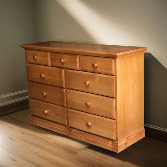 Cómoda 9 Cajones Miel Madera Guías Metálicas Roble Cajonera
