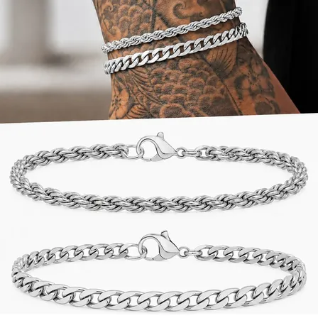 Kit 2 Pulseiras Masculinas Prata Aço Inox 316L